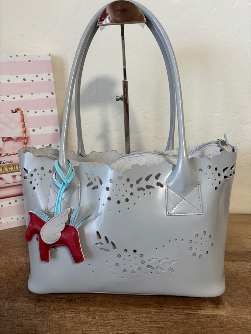 Furla Light Gray Scalloped Leather Tote